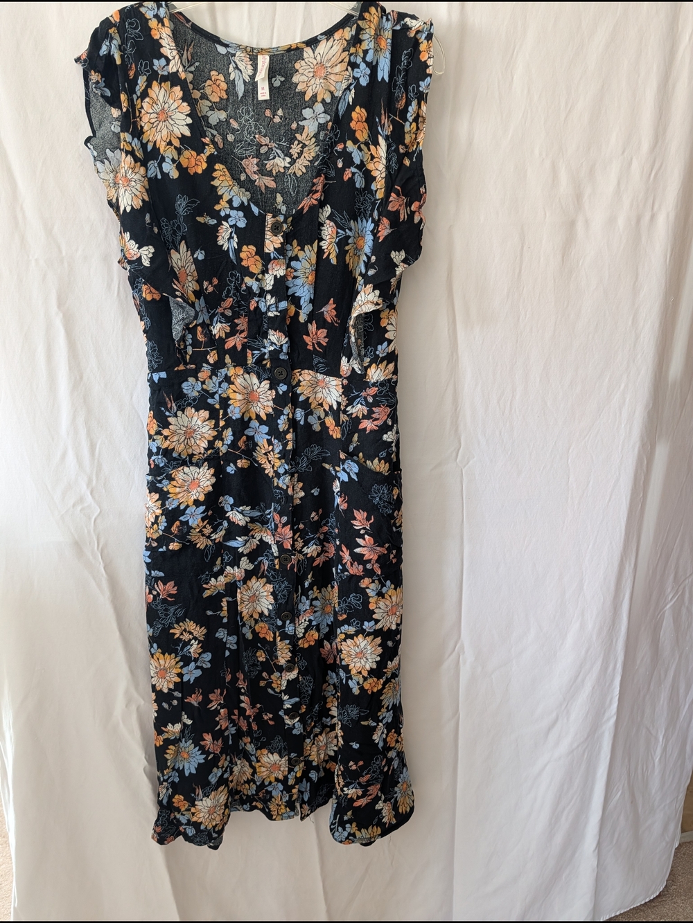 Xhilaration Black Floral Midi Dress with Blue, Peach & Cream Blooms